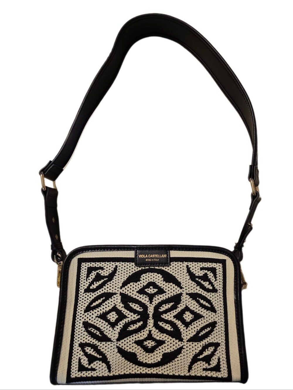 Viola Castellani Atena Black & Cream Leather Trimmed Geometric Camera Bag EUC